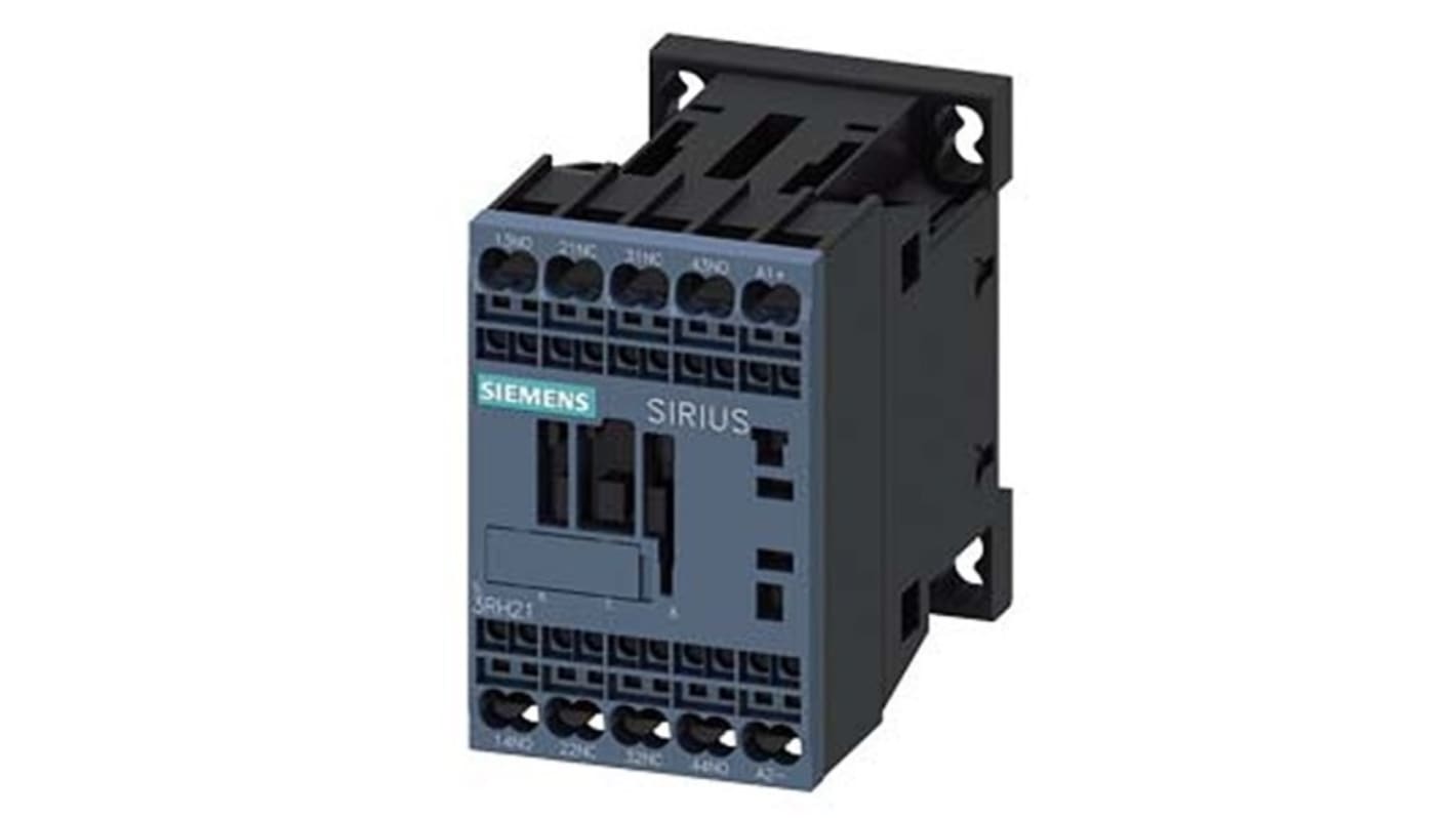 Relè contattore Siemens 3RH2122-2XB40-2LA2, 4 poli, 10 A, bobina 24 V c.c., montaggio su guida DIN, protezione IP20.