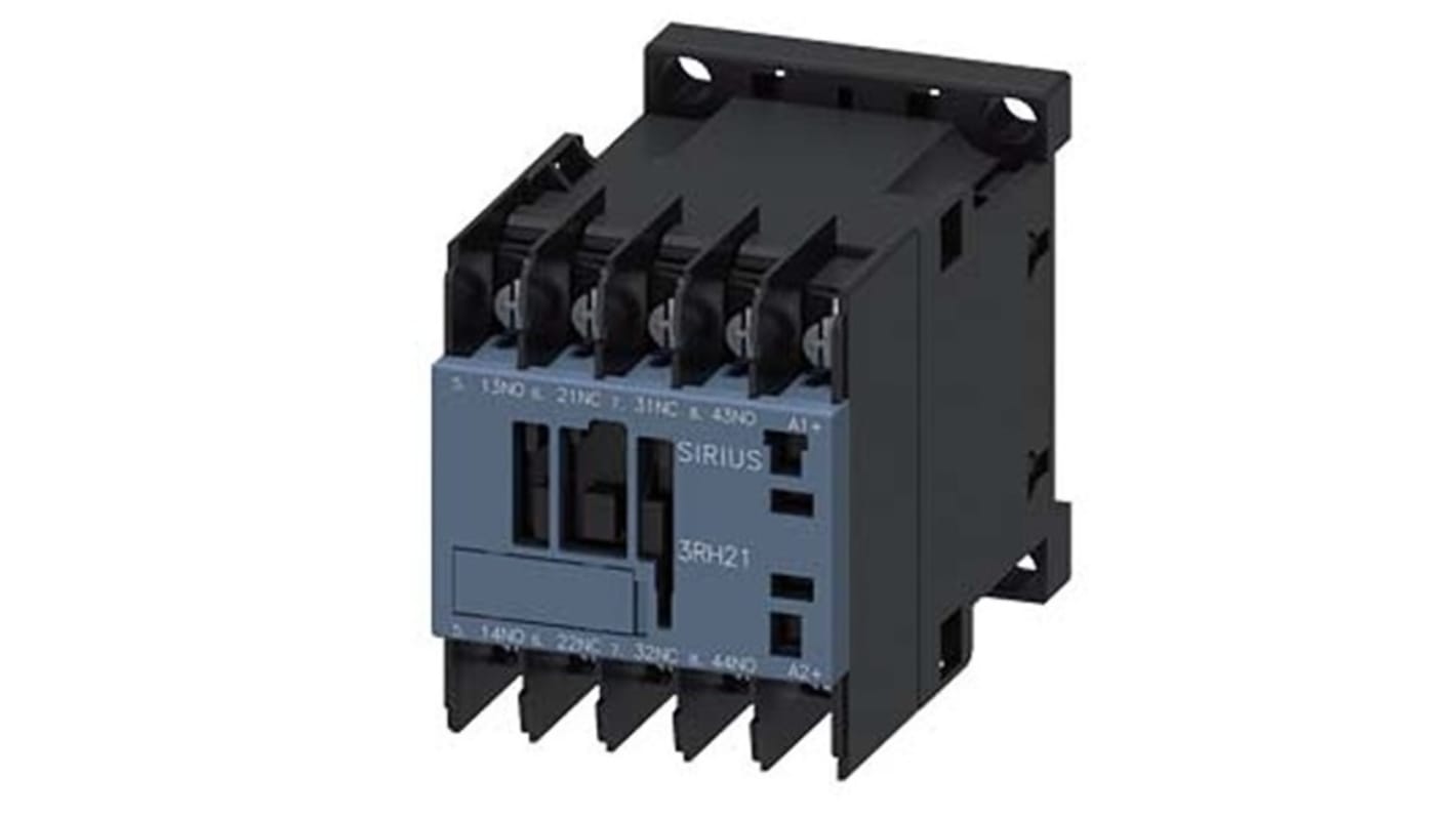 Relè contattore Siemens 3RH2122-4KB40, 4 poli, 2 NO + 2NC, 10 A, bobina 24 V c.c., montaggio su guida DIN 35 mm.