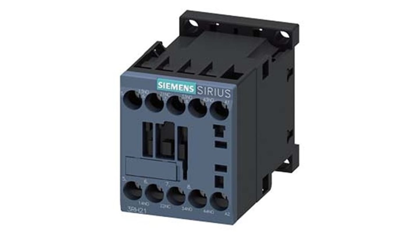 Relè contattore Siemens 3RH2131-1AV60, 4 poli, 10 A, bobina 480 V CA, montaggio su guida DIN, protezione IP20.