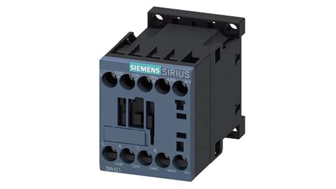 Relè contattore Siemens 3RH2131-1XB40-0LA2, 4 poli, 10 A, bobina 24-34 V CC, montaggio su guida DIN, protezione IP20.