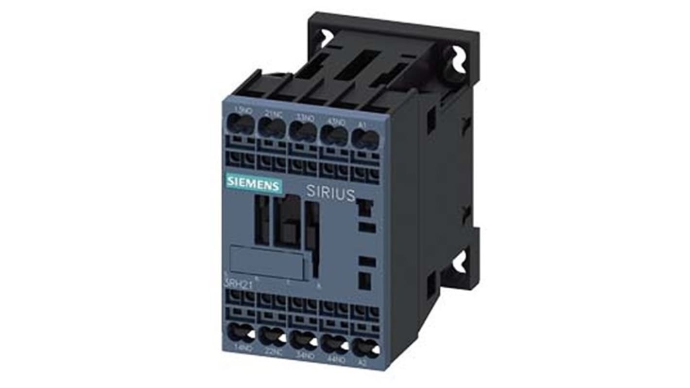 Relè contattore Siemens 3RH2131-2AP60, 4 poli, 10 A, bobina 220 V CA, montaggio su guida DIN, protezione IP20.