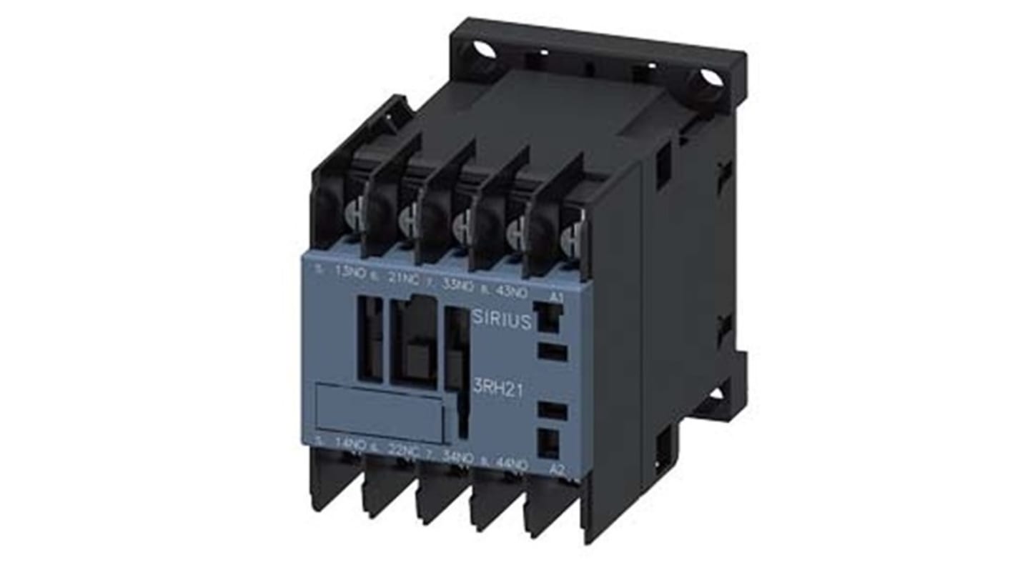 Relè contattore Siemens 3RH2131-4AR60, 4 poli, 10 A, bobina 400 V CA, montaggio su guida DIN, resistenza sovratensioni 6 kV.