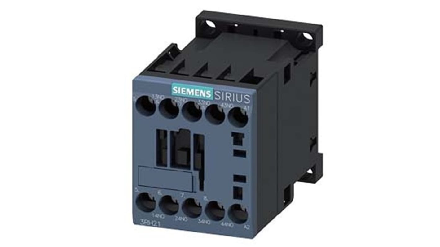 Relè contattore Siemens 3RH2140-1AK20, 4 poli, 10 A, bobina 120 V AC, montaggio su guida DIN, protezione IP20.