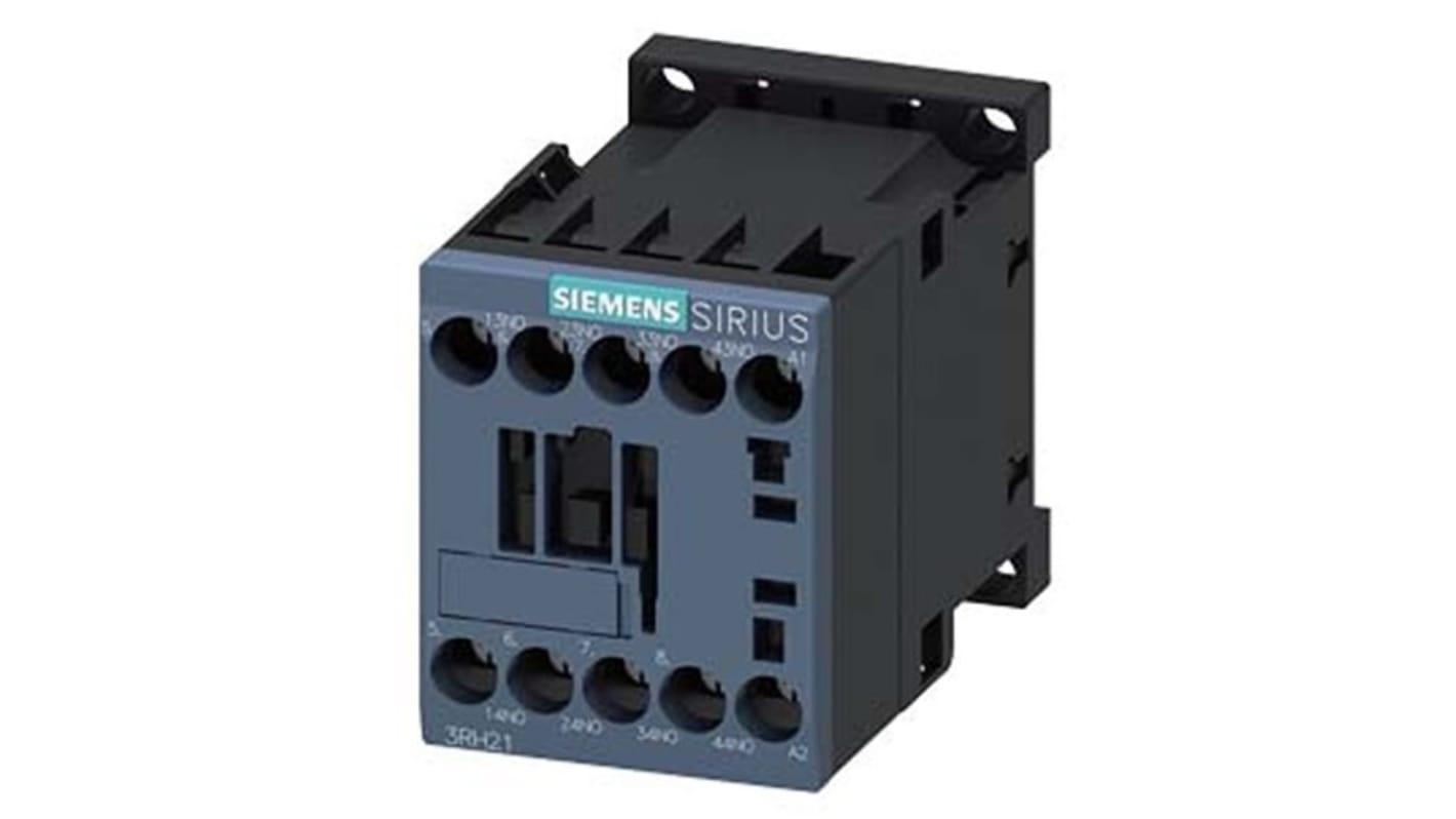 Relè contattore Siemens 3RH2140-1AL00, 4 poli, 10 A, bobina 125 V ac, montaggio su guida DIN, protezione IP20.