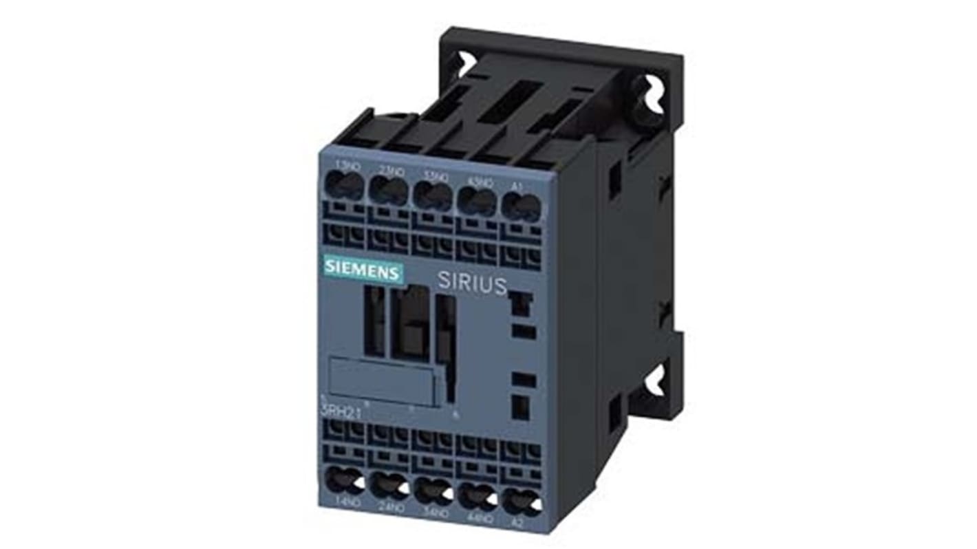 Relè contattore Siemens 3RH2140-2AP60, 4 poli, 10 A, bobina 220 V CA, montaggio su guida DIN, protezione IP20.