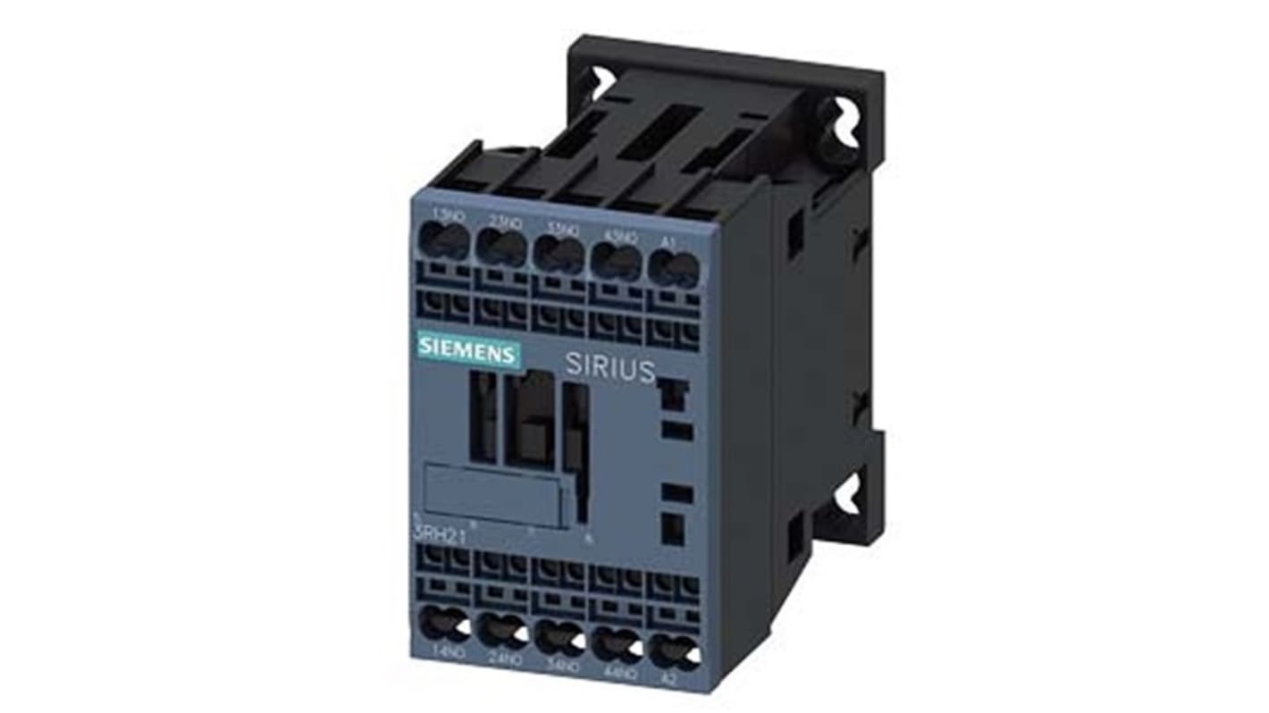 Relè contattore Siemens 3RH2140-2GG20, 4 poli, 10 A, bobina 110 V c.a., montaggio su guida DIN, protezione IP20.