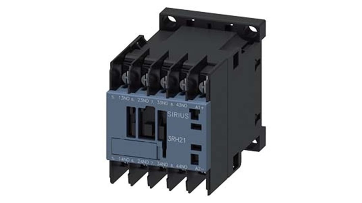 Relè contattore Siemens 3RH2140-4BG40, 4 poli, 10 A, bobina 125 V CC, montaggio su guida DIN, resistenza sovratensioni 6 kV.