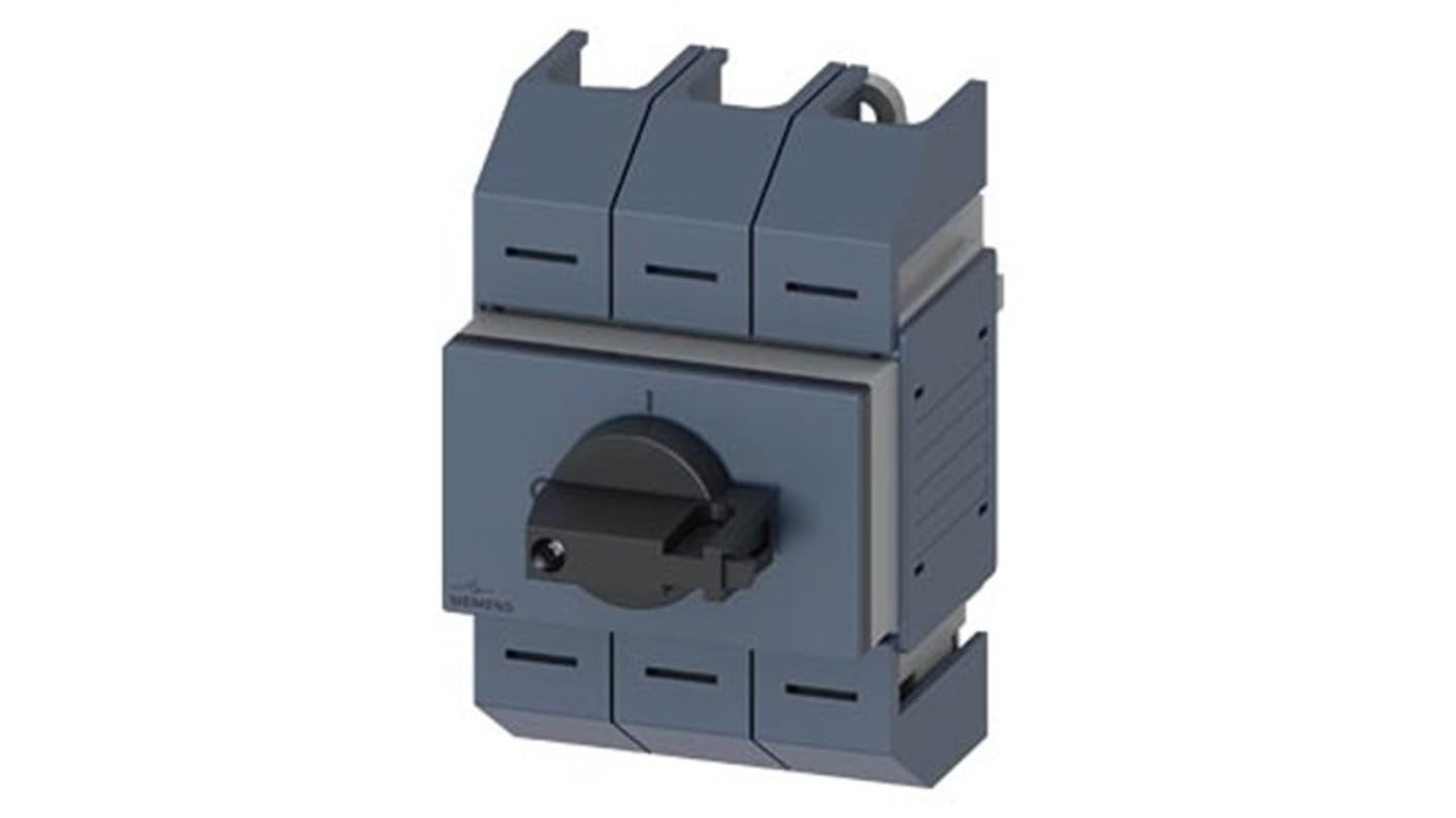 Sezionatore interruttore Siemens 3 poli, 63A, montaggio su guida DIN, protezione IP10, potenza nominale 15kW.