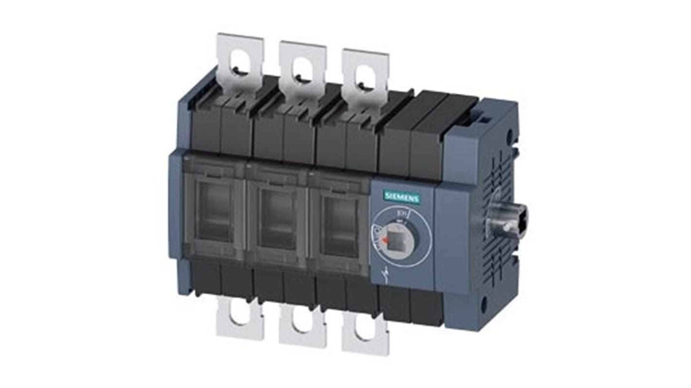 Sezionatore Siemens 3 poli, 80A, montaggio su guida DIN, protezione IP20, azionamento laterale destro.