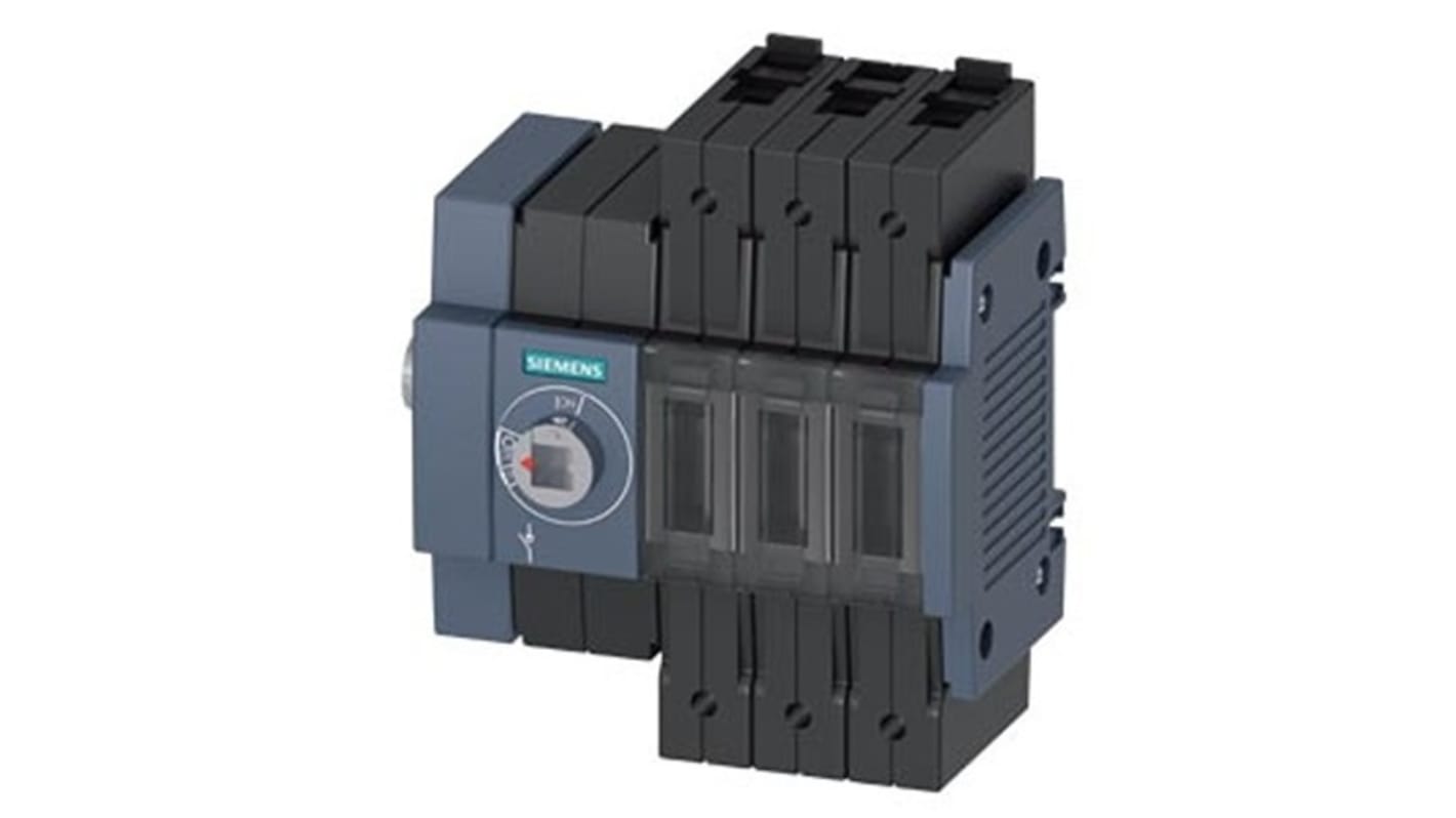 Sezionatore interruttore Siemens 3KD3034-2ME10-0, 3 poli, 100A, montaggio su guida DIN, protezione IP20, azionamento laterale.