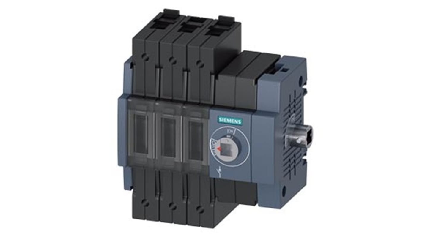 Sezionatore interruttore Siemens 3KD3034-2ME40-0, 3 poli, 100A, montaggio su guida DIN, protezione IP20, azionamento laterale.