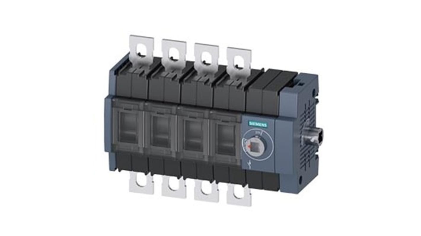 Sezionatore Siemens 4 poli 100A, montaggio su guida DIN, potenza nominale 55kW, protezione IP20, azionamento laterale.