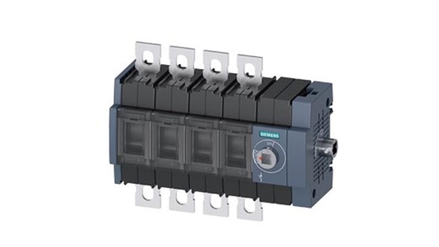 Sezionatore Siemens 4 poli, corrente 125A, montaggio su guida DIN, protezione IP20, azionamento laterale destro.