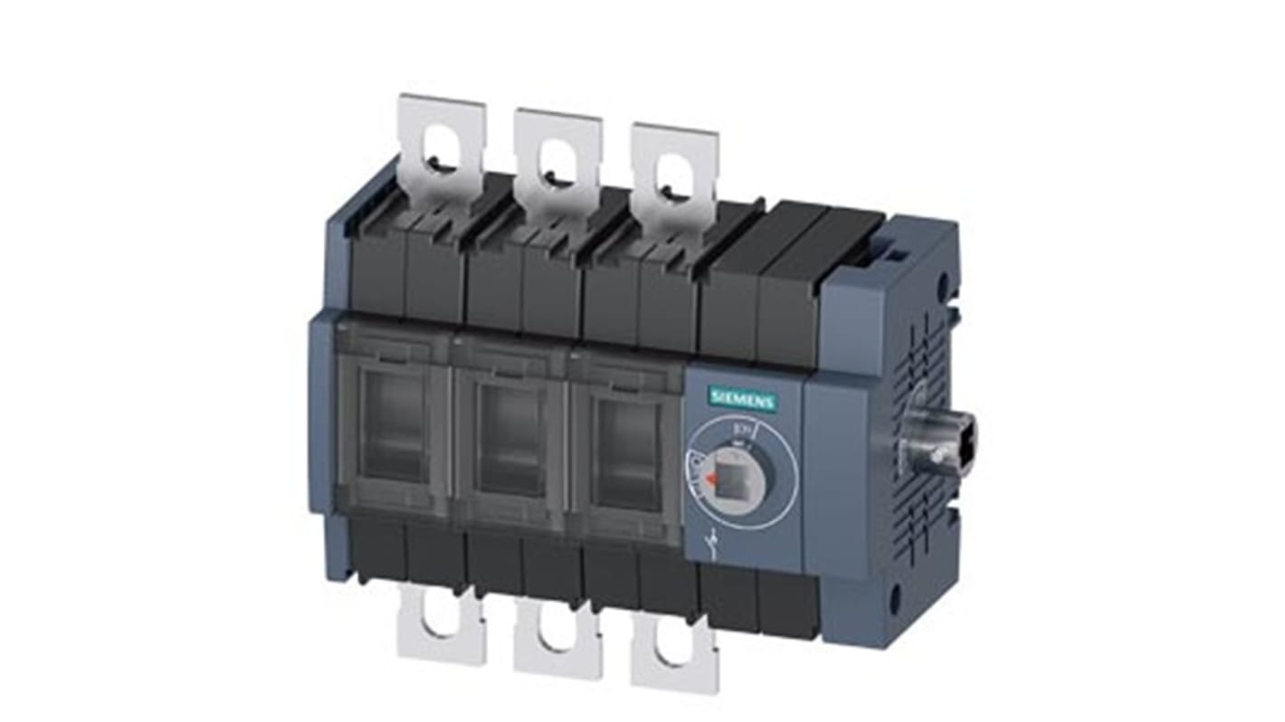 Sezionatore Siemens 3KD3634-0NE40-0 con interruttore, 3 poli, montaggio su guida DIN, corrente massima 200A, protezione IP20.