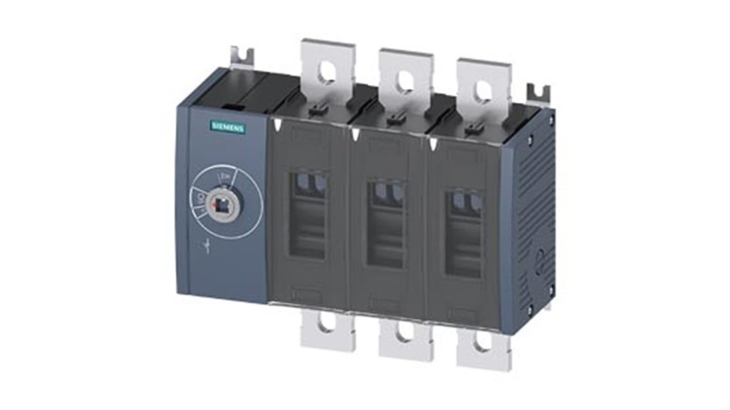 Sezionatore fisso Siemens 3KD5030-0QE10-0, 3 poli, corrente 1000A, protezione IP20, azionamento frontale a sinistra.