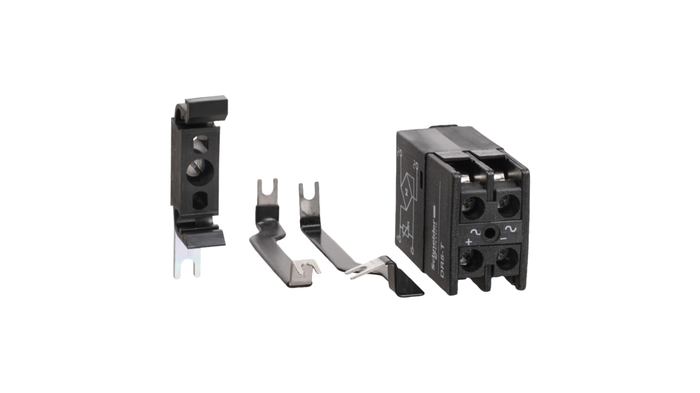 Adattatore Schneider Electric DR5TE4U per contattore LC1-F, compatibile con bobine c.c. F7, G7, M7, conforme a RoHS.