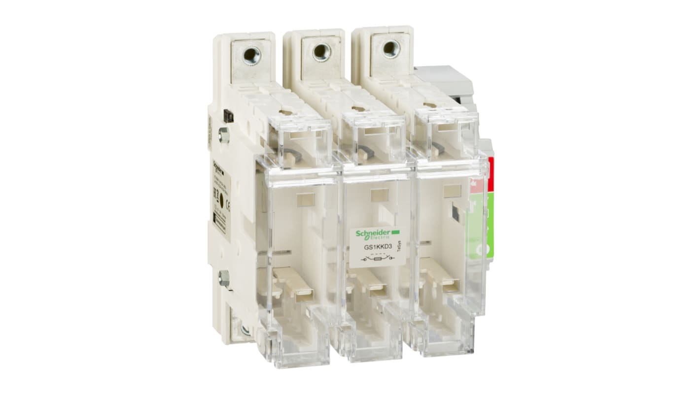 Sezionatore portafusibili 3 poli Schneider Electric GS1KKD3, corrente massima 125A, compatibile con fusibili a lama DIN.
