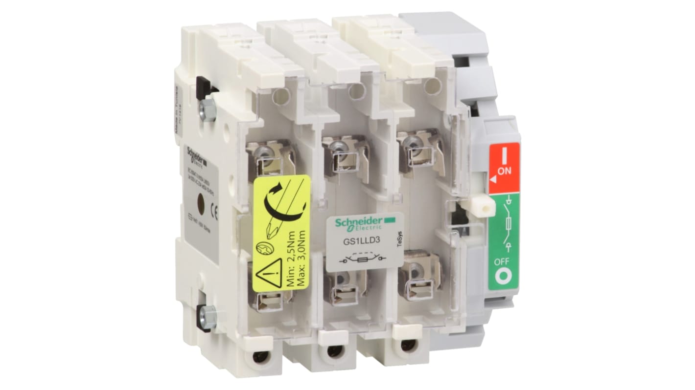 Sezionatore portafusibili Schneider Electric GS1LLD3, 3 poli, 160A, montaggio frontale o laterale, maniglia esterna.