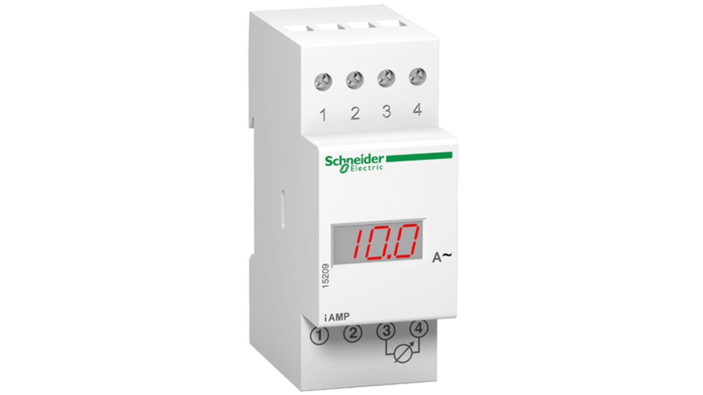 Amperometro digitale modulare Schneider Electric 15209 per guida DIN, 5kA, L 36mm x H 87mm. Conformità RoHS, precisione 0,5%.