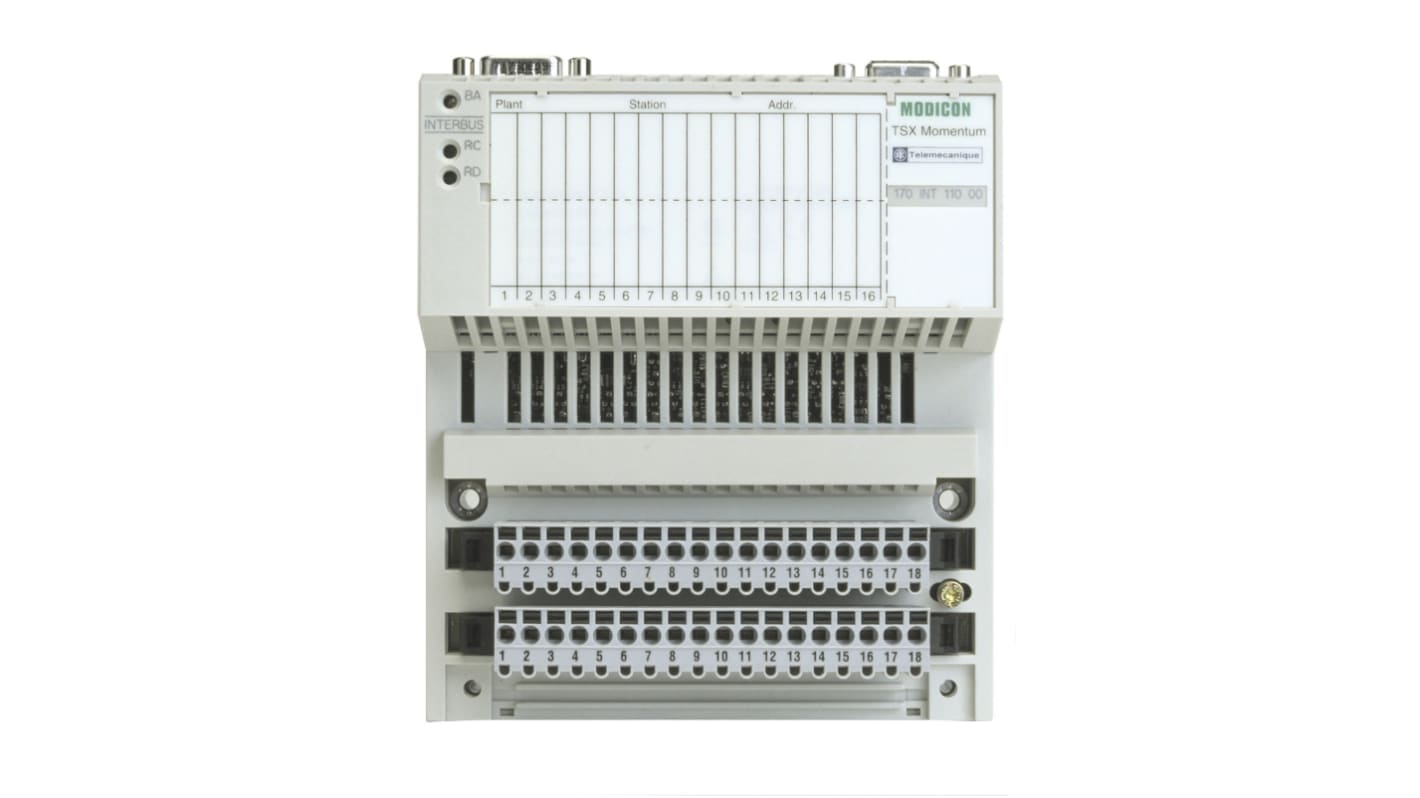 Adattatore Modicon Momentum 170INT11000 di Schneider Electric, per comunicazione I/O distribuita, supporta fino a 254 dispositivi e distanza massima di 12800 m.
