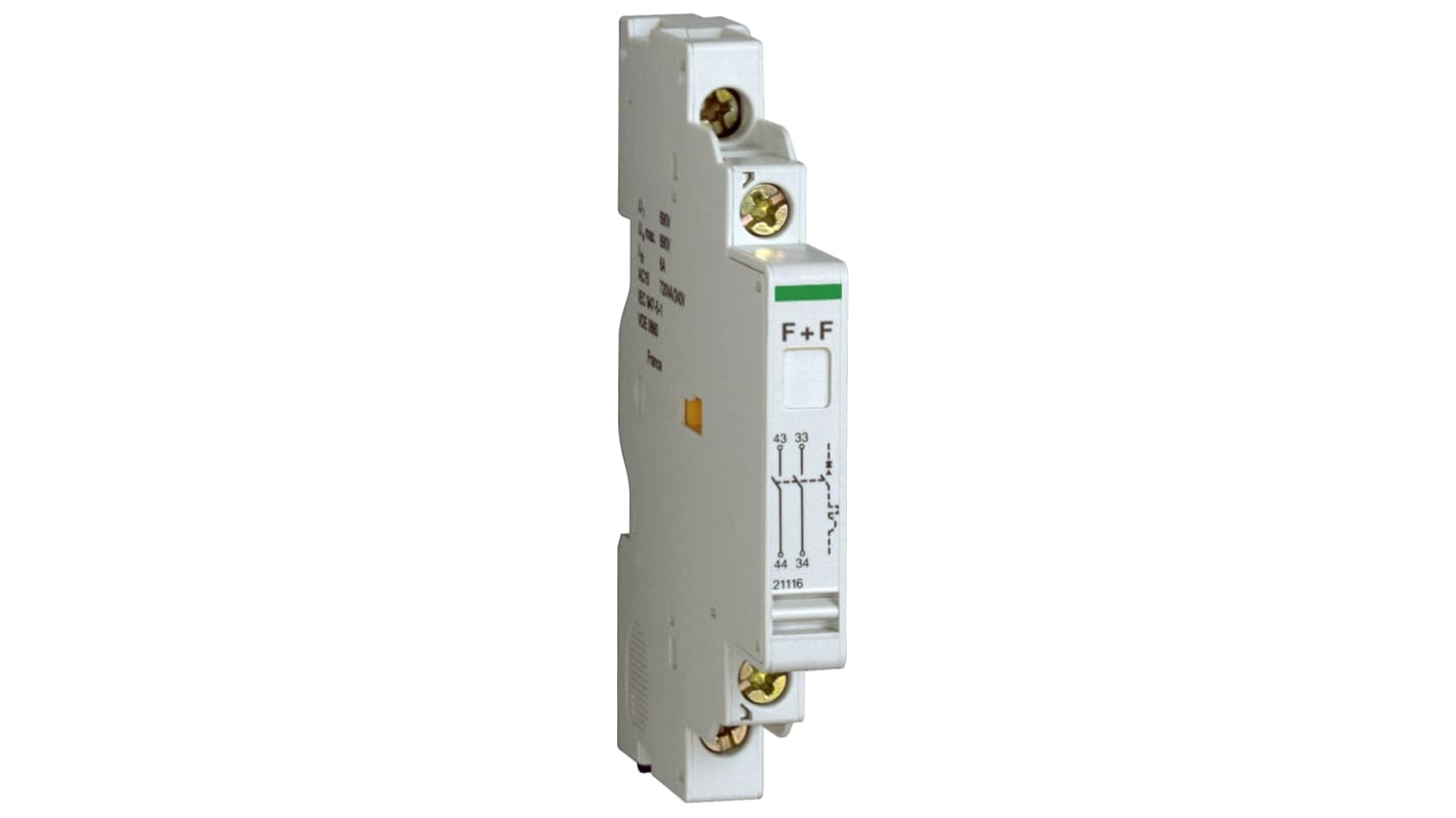 Contatto ausiliario Schneider Electric 21116, 2NO, montaggio su guida DIN, serie Acti9, realizzato in materiale sostenibile.