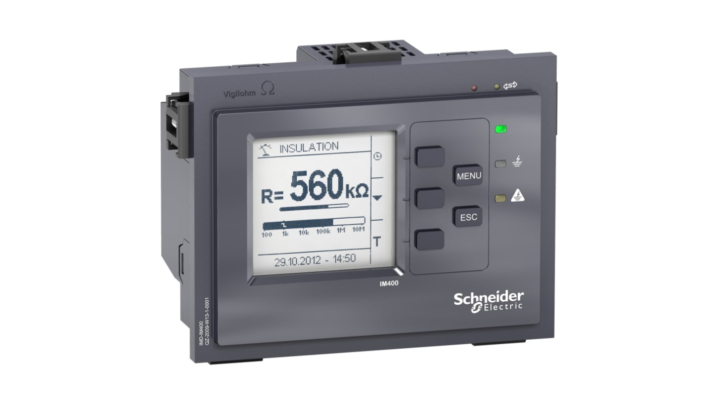 Relè di monitoraggio digitale Schneider Electric IMDIM400THR, alimentazione 100-440 V c.a., display e indicatori luminosi. Dimensioni: 123 mm x 159 mm.