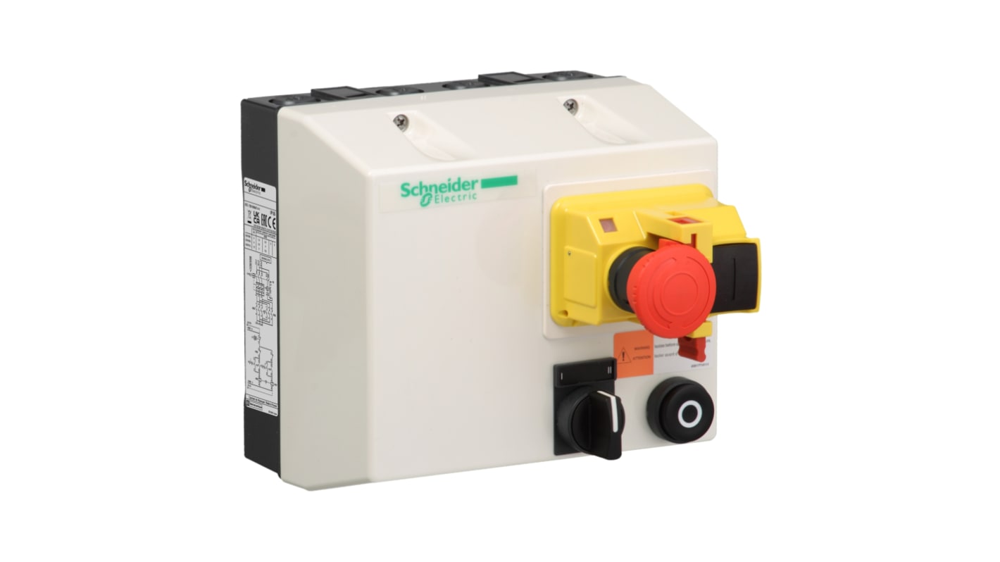 Starter reversibile Schneider Electric LJ8K06Q708, potenza 1,5 kW, tensione 24 V c.a., grado di protezione IP55, dimensioni 175x165x177 mm.