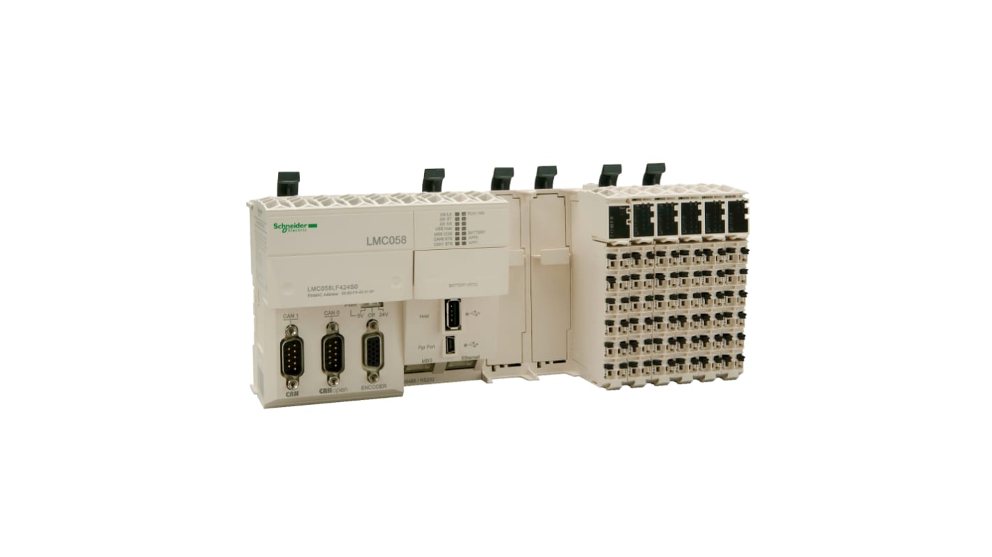 Unità di controllo movimento Schneider Electric LMC058LF424, potenza 14,14 W, tensione 28,8 V, 12 uscite.