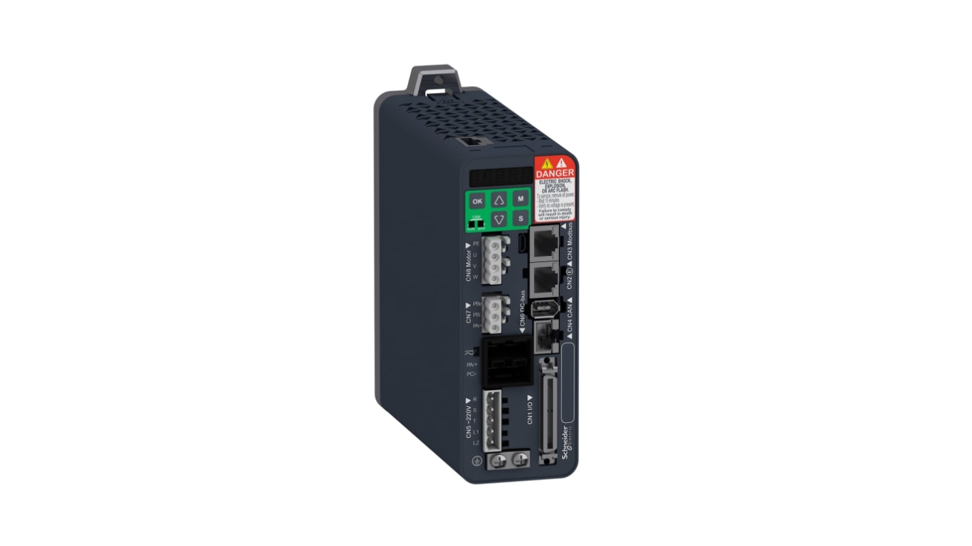 Servocomando Schneider Electric LXM28SU02M3X per controllo movimento, 0,2 kW, 255 V, IP20, progettato per uso monofase e trifase.