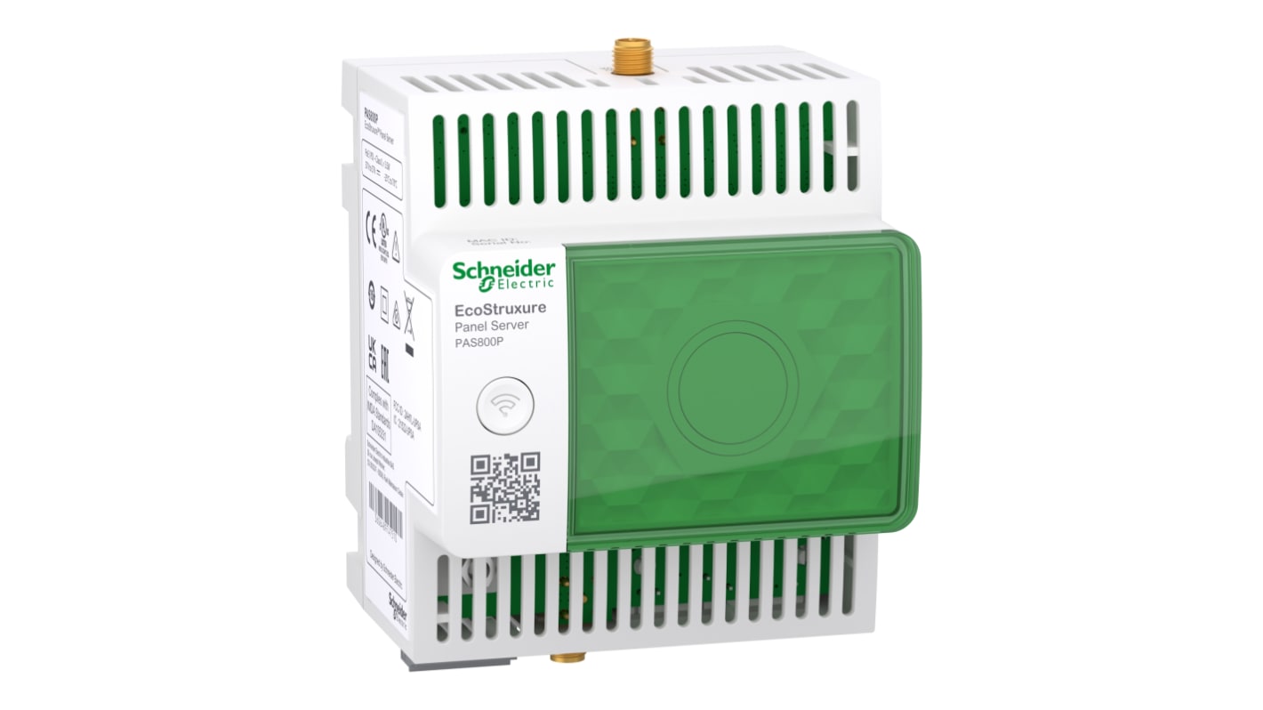 Gateway EcoStruxure Schneider Electric PAS800P, con 32 GB di memoria e rete Ethernet separata, conforme RoHS.