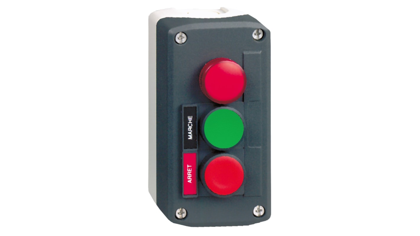 Pulsante di controllo Schneider Electric XALD361M, verde e rosso, IP66/IP67/IP69, resistente a urti e vibrazioni, con contatti 1 NC e 1 NO.
