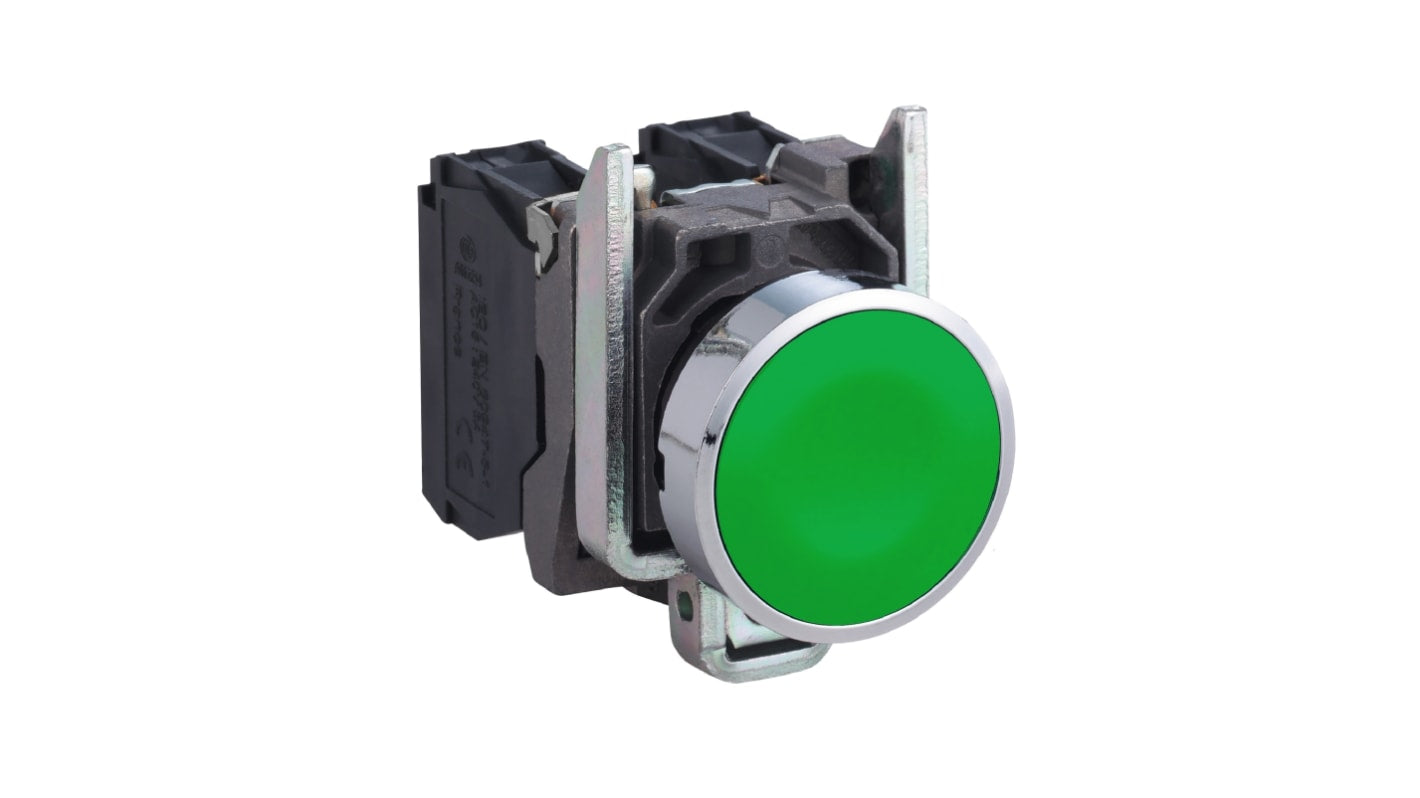 Pulsante Schneider Electric XB4BA35, 1NO + 1NC, verde, diametro 22 mm, protezione IP66/IP67/IP69, tensione 600V.
