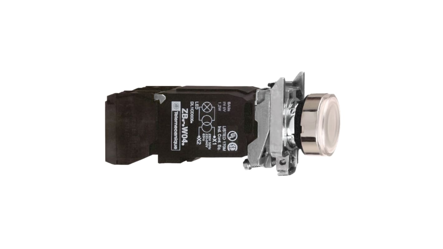 Pulsante modulare illuminato Schneider Electric XB4BW3135, diametro 22 mm, protezione IP66/IP67/IP69, resistente a urti e vibrazioni.