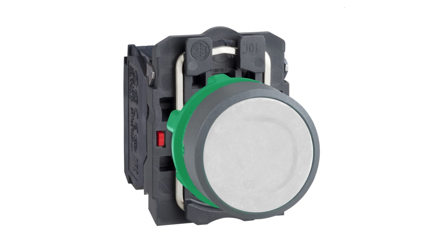 Pulsante SPDT Schneider Electric XB5AA15C0, montaggio da 22 mm, grado di protezione IP66/IP67, contatti normalmente aperto e chiuso.