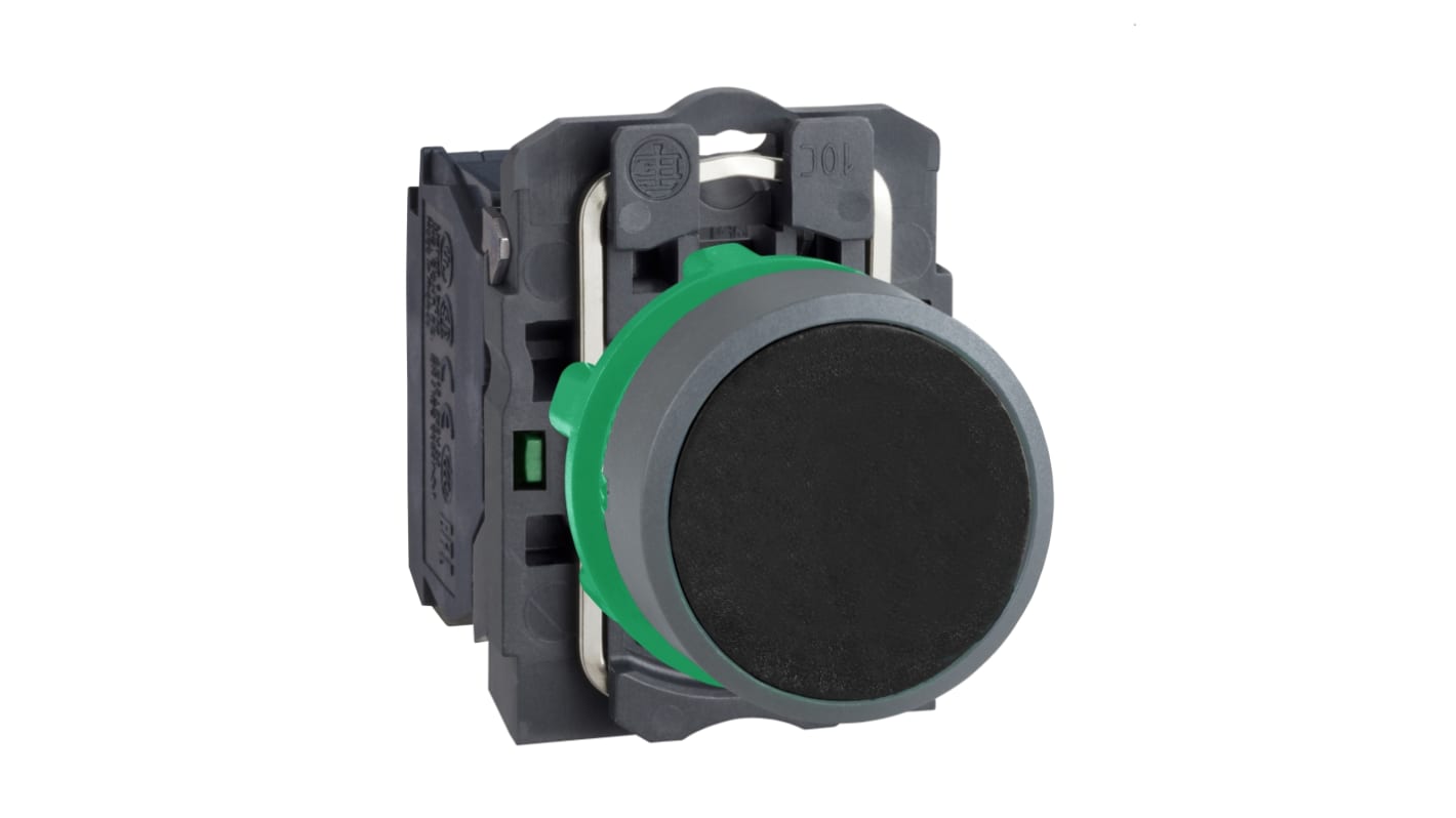 Pulsante Schneider Electric XB5AA21C0, 1 contatto NO, montaggio 22 mm, IP66/IP67, colore nero, cornice grigia.