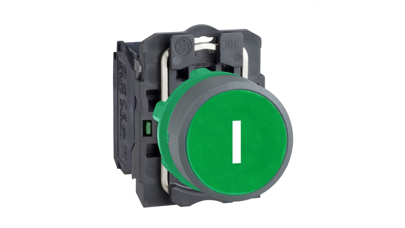 Pulsante rotondo Schneider Electric XB5, 1 contatto NO, diametro 22 mm, colore verde, grado di protezione IP66/IP67.
