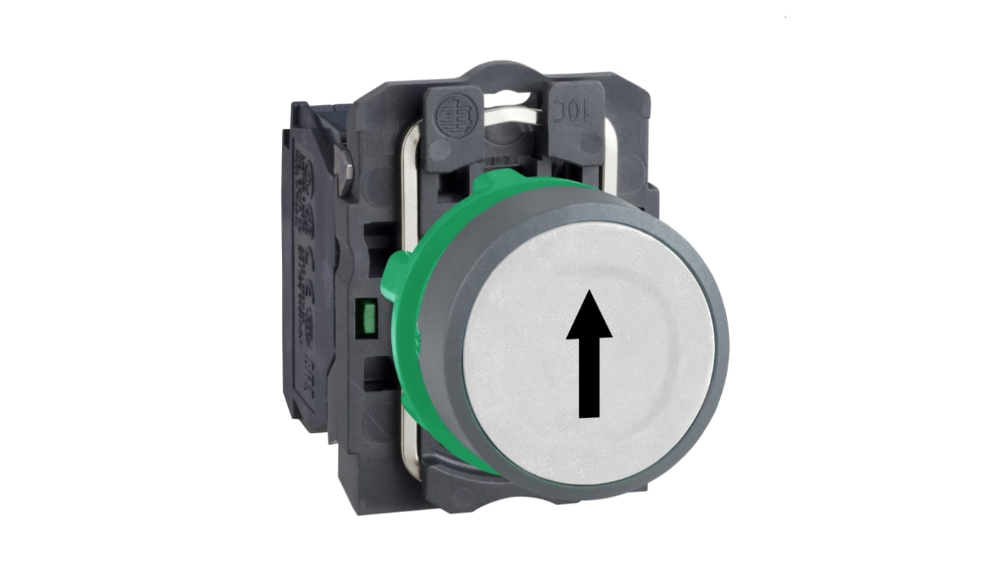 Pulsante Schneider Electric XB5AA3341C0, rotondo, 1 contatto NO, IP66/IP67, corpo plastica bianca, diametro foratura 22 mm.