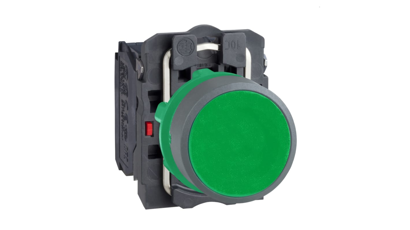 Pulsante rotondo Schneider Electric XB5AA35C0, 1 NO + 1 NC, verde, IP66/IP67, diametro foratura 22 mm, tensione 600V.
