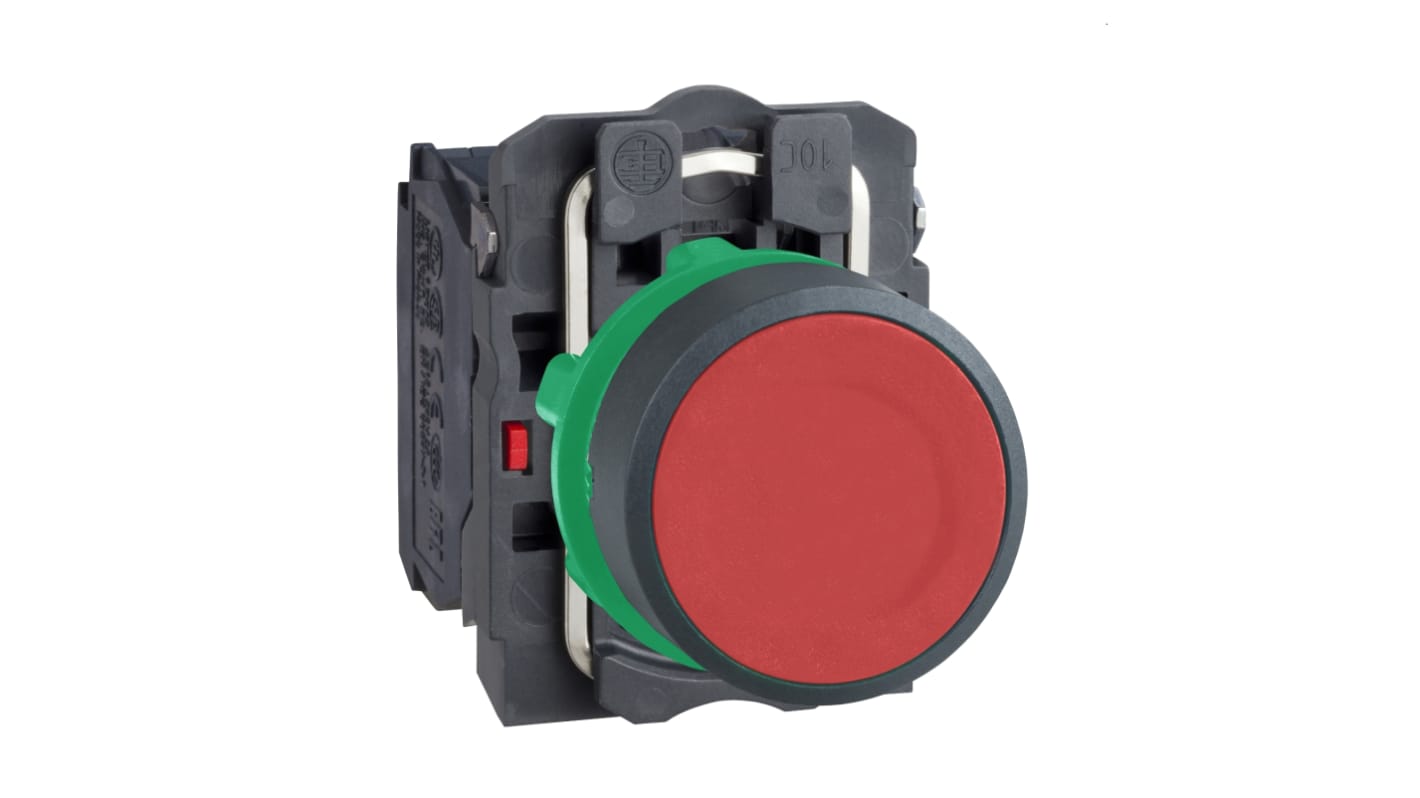 Pulsante Schneider Electric XB5AA45, rosso, 1 NO + 1 NC, IP66/IP67/IP69, diametro 22 mm, resistente a polvere e acqua.