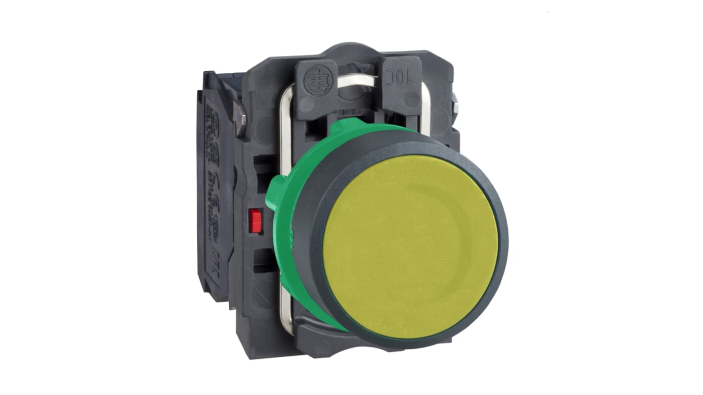 Pulsante rotondo Schneider Electric XB5AA55, giallo, IP66/IP67/IP69, installazione su pannelli da 22 mm, tensione 600V.