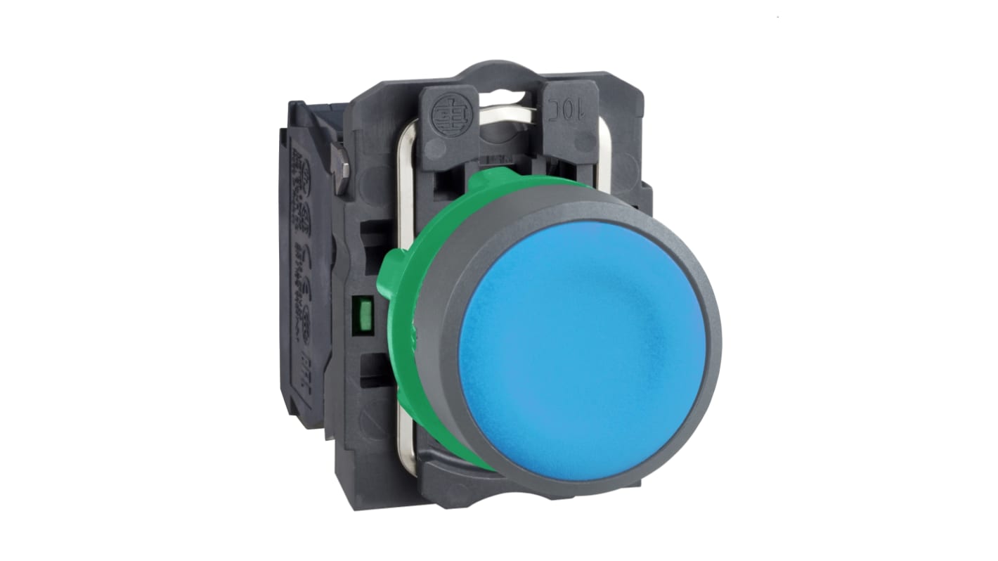 Pulsante rotondo Schneider Electric XB5AA61C0, 1 contatto NO, diametro 22 mm, grado di protezione IP66/IP67, colore blu.