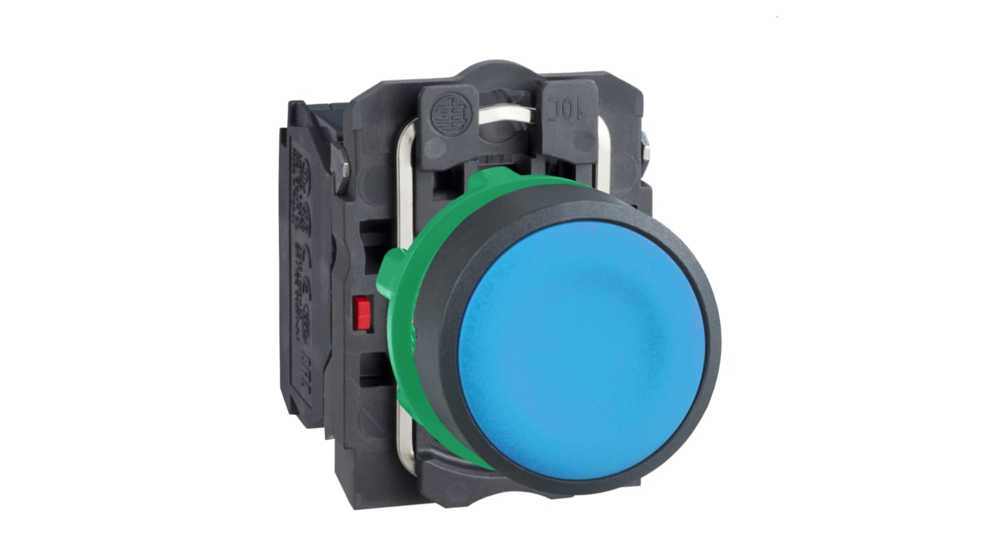 Pulsante Schneider Electric XB5AA65, blu, 1NO + 1NC, IP66/IP67/IP69, diametro 22 mm, resistente a urti e vibrazioni.