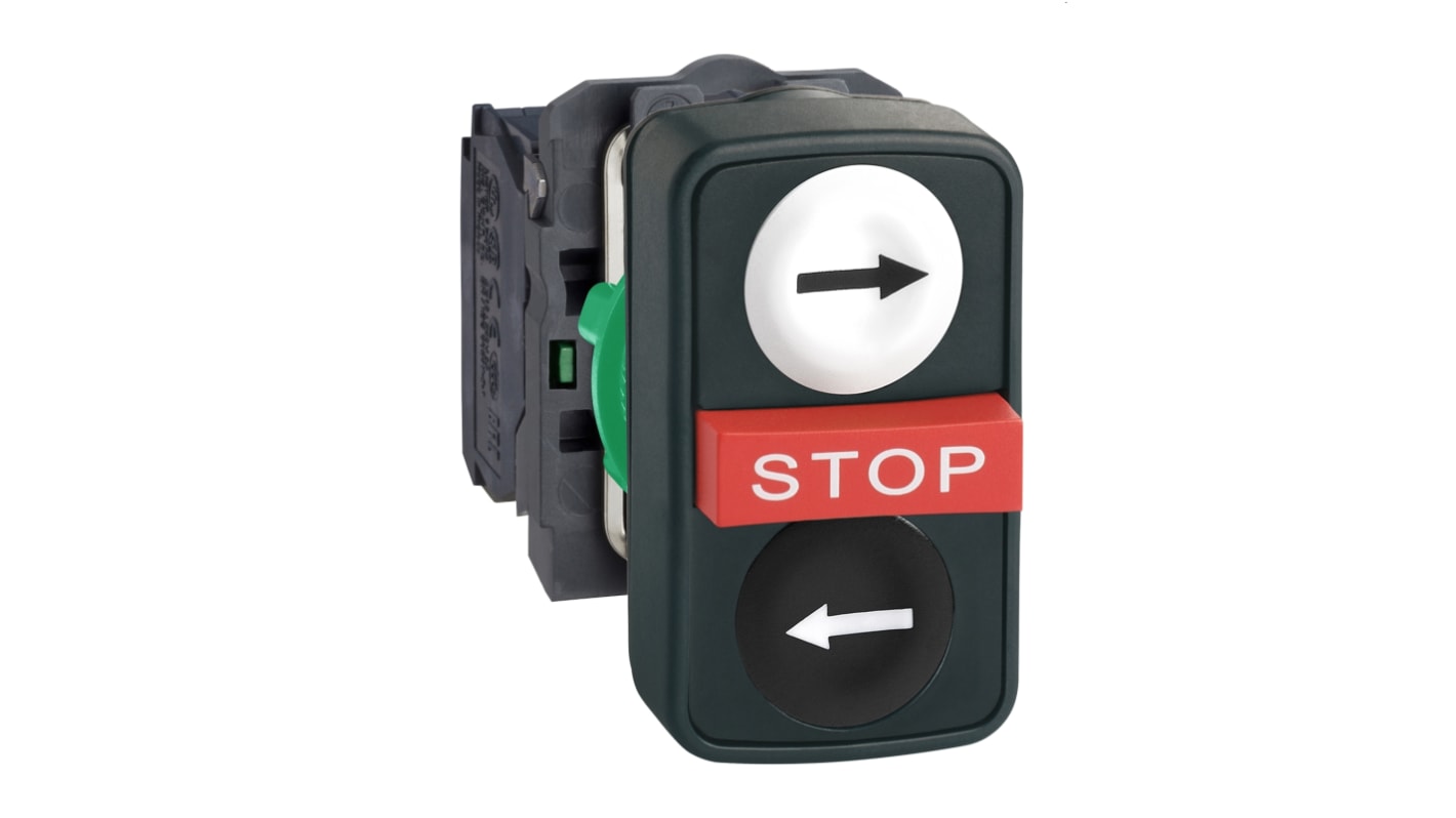 Pulsante Schneider Electric XB5AA711237, 2NA + 1NC, diametro 22 mm, IP67/IP69, meccanismo a molla, colori nero, rosso, bianco.