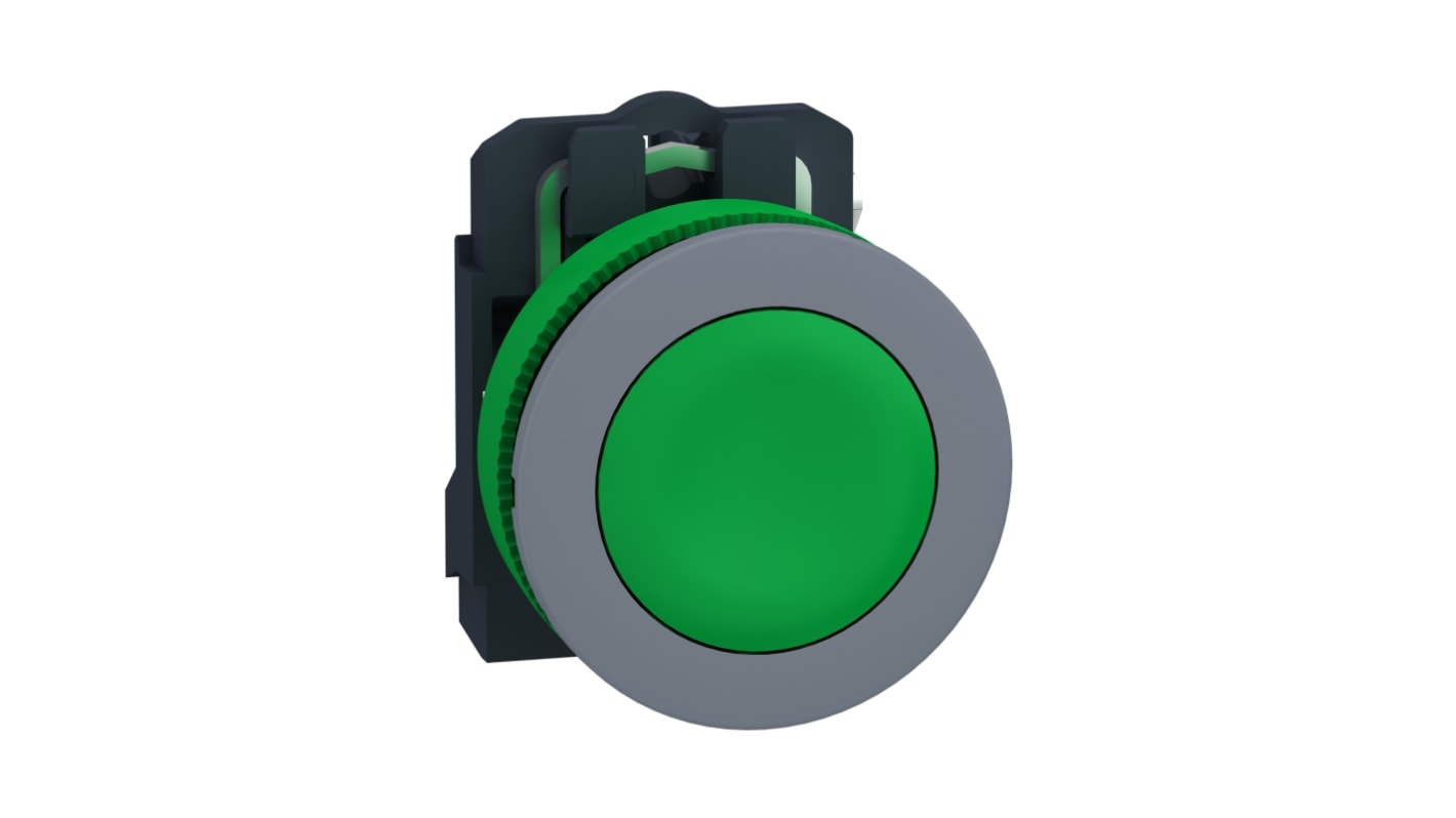 Pulsante rotondo Schneider Electric XB5, 1 contatto NO, diametro 22 mm, colore verde, grado di protezione IP66/IP67.