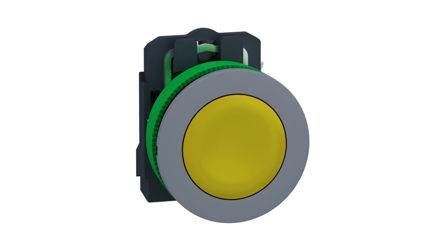 Pulsante Schneider Electric XB5FA51C0, rotondo giallo, 1 contatto NO, IP66/IP67, diametro foratura 22 mm, cornice grigia antimicrobica.