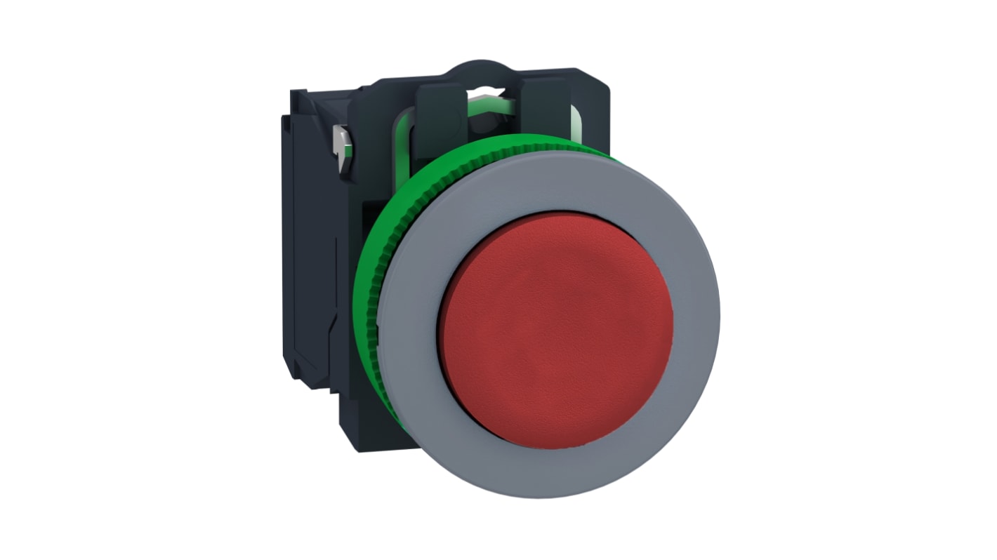 Pulsante Schneider Electric XB5FL42C0, rosso, 1 contatto NO, IP66/IP67, diametro foratura 30.5 mm, cornice grigia.