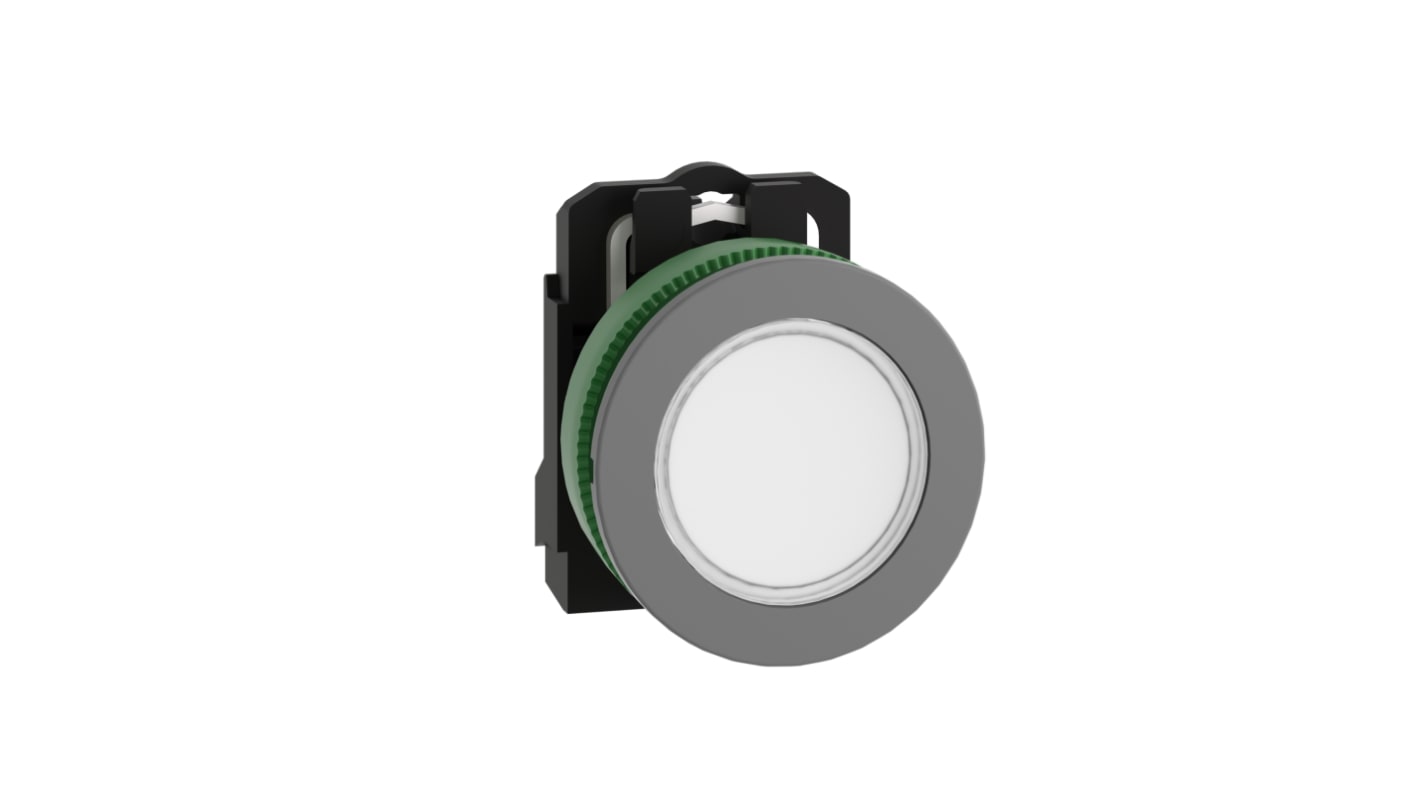 Spia LED montaggio a filo Schneider Electric XB5FVB1C0, 24V, diametro foro 30.5mm, colore bianco, cornice grigia, IP66/IP67.