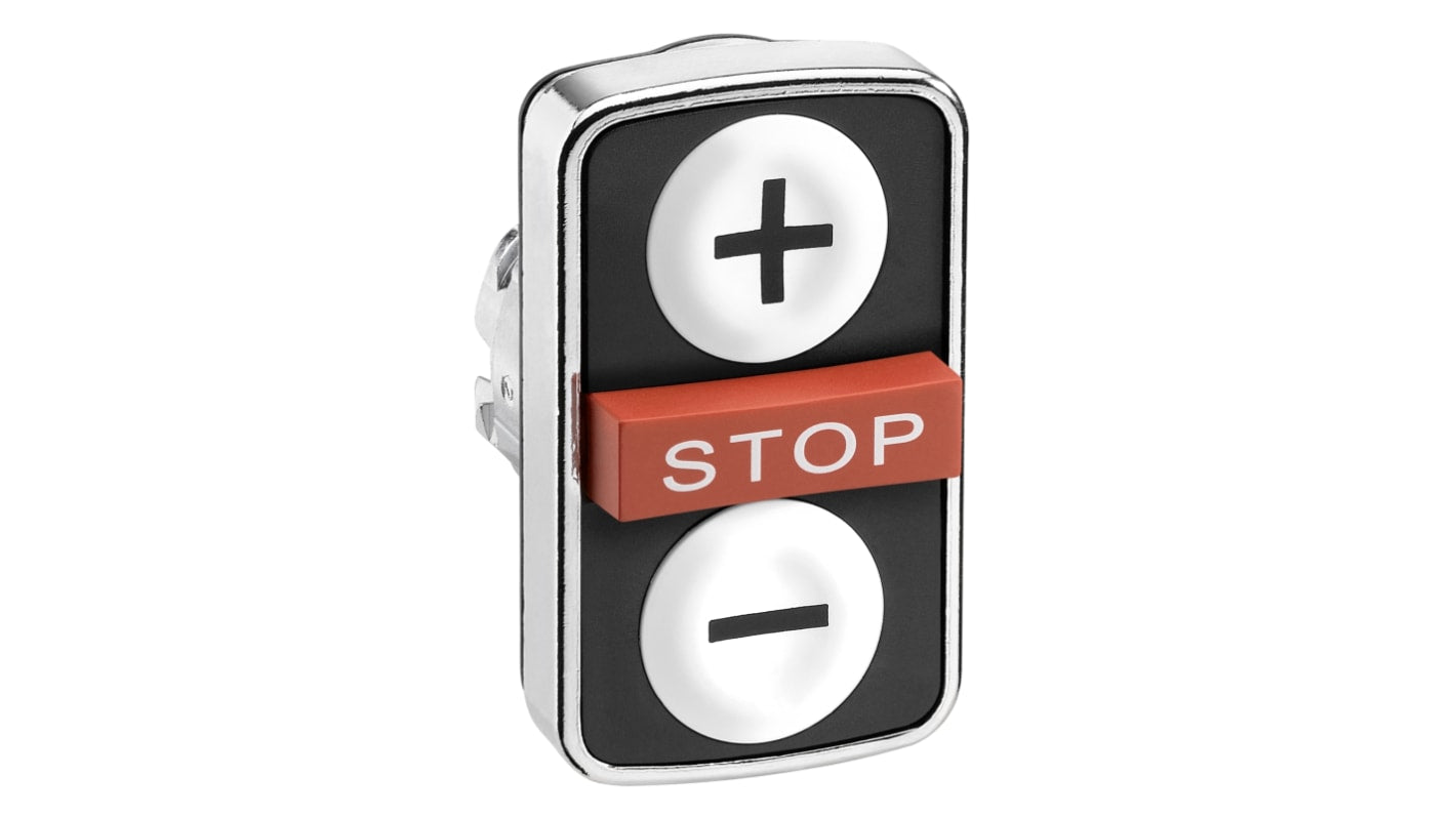 Pulsante rettangolare Schneider Electric ZB4BA71115, con tre configurazioni, protezione IP69, diametro foratura 22mm.