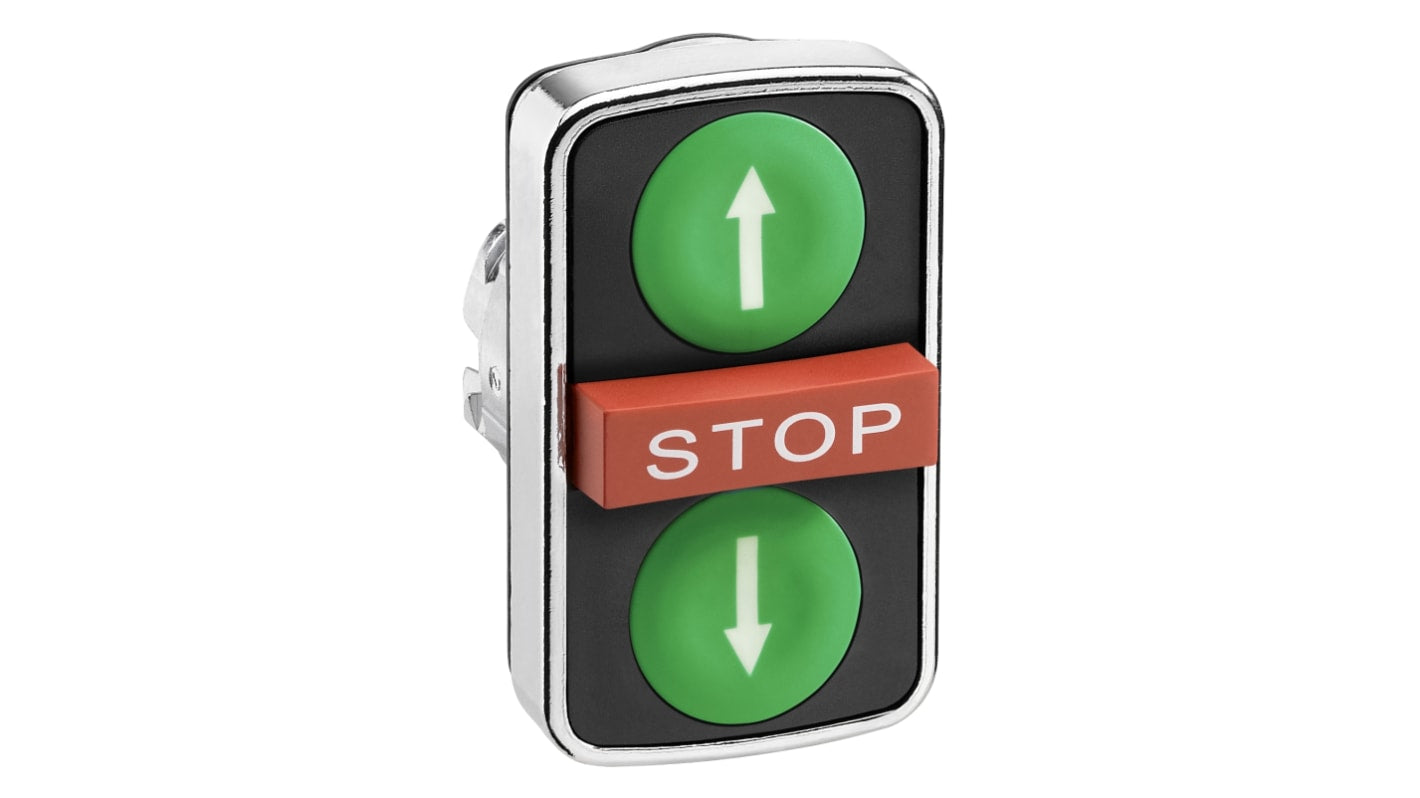 Pulsante Schneider Electric ZB4BA73134, rettangolare, verde e rosso, diametro foratura 22mm, protezione IP69.