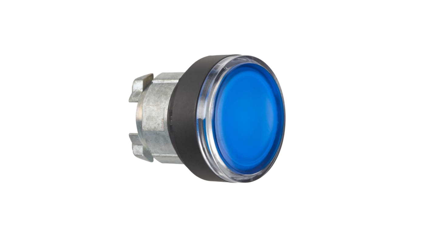 Attuatore pulsante Schneider Electric ZB4BW3637, blu illuminato, diametro 22 mm, protezione IP66/IP67/IP69, resistente a urti e acqua.
